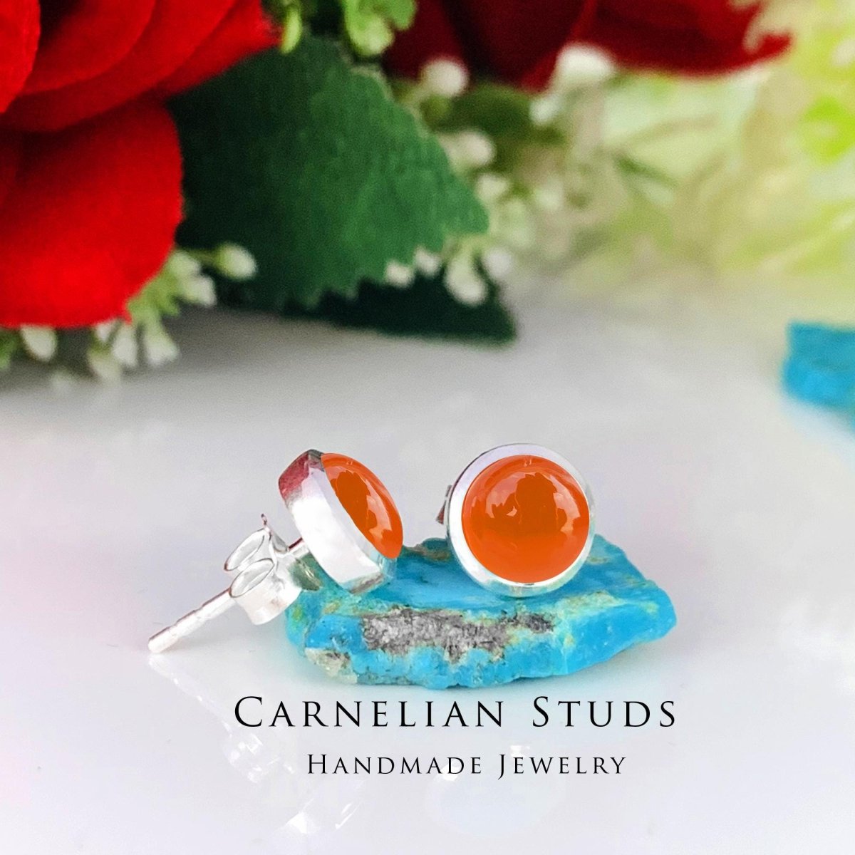 Natural Carnelian Studs Earring ~ Dainty Silver & Gold Silver Studs ~ Simple small studs ~ Round Shape Orange Stone ~ Gift For Her ~ E - 0032 - BeadsBoatInc