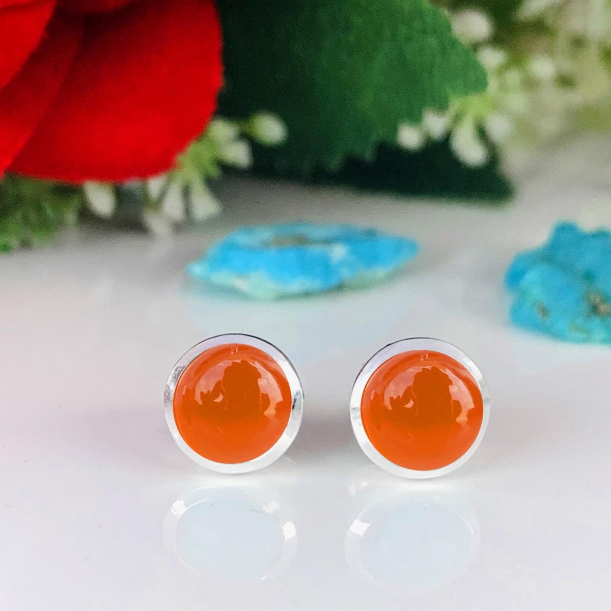 Natural Carnelian Studs Earring ~ Dainty Silver & Gold Silver Studs ~ Simple small studs ~ Round Shape Orange Stone ~ Gift For Her ~ E - 0032 - BeadsBoatInc