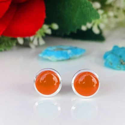 Natural Carnelian Studs Earring ~ Dainty Silver & Gold Silver Studs ~ Simple small studs ~ Round Shape Orange Stone ~ Gift For Her ~ E - 0032 - BeadsBoatInc