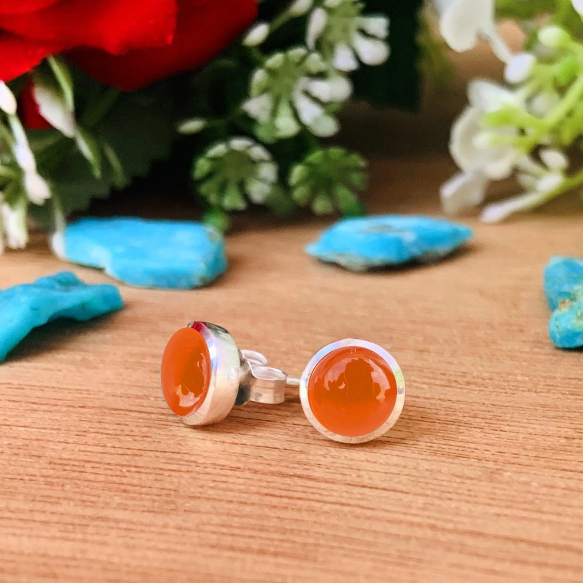 Natural Carnelian Studs Earring ~ Dainty Silver & Gold Silver Studs ~ Simple small studs ~ Round Shape Orange Stone ~ Gift For Her ~ E - 0032 - BeadsBoatInc