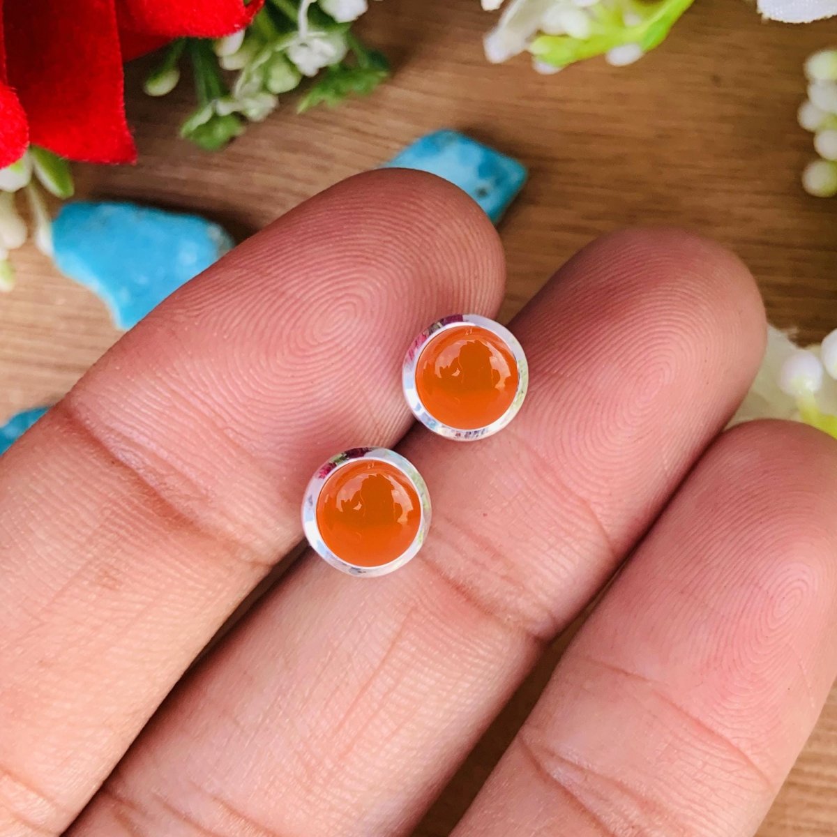 Natural Carnelian Studs Earring ~ Dainty Silver & Gold Silver Studs ~ Simple small studs ~ Round Shape Orange Stone ~ Gift For Her ~ E - 0032 - BeadsBoatInc