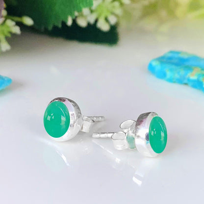 Natural Chrysoprase Studs Earring ~ Dainty Silver & Gold Silver Studs ~ Simple small studs ~ Round Shape Green Stone ~ Gift For Her ~ E - 0032 - BeadsBoatInc