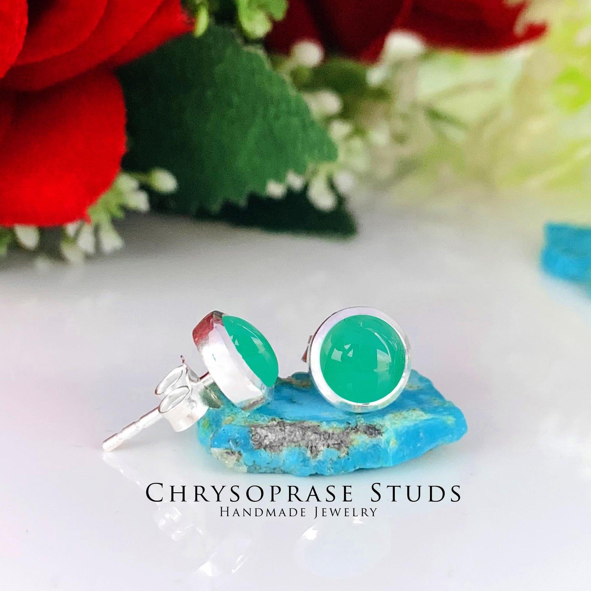 Natural Chrysoprase Studs Earring ~ Dainty Silver & Gold Silver Studs ~ Simple small studs ~ Round Shape Green Stone ~ Gift For Her ~ E - 0032 - BeadsBoatInc