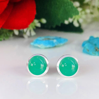 Natural Chrysoprase Studs Earring ~ Dainty Silver & Gold Silver Studs ~ Simple small studs ~ Round Shape Green Stone ~ Gift For Her ~ E - 0032 - BeadsBoatInc