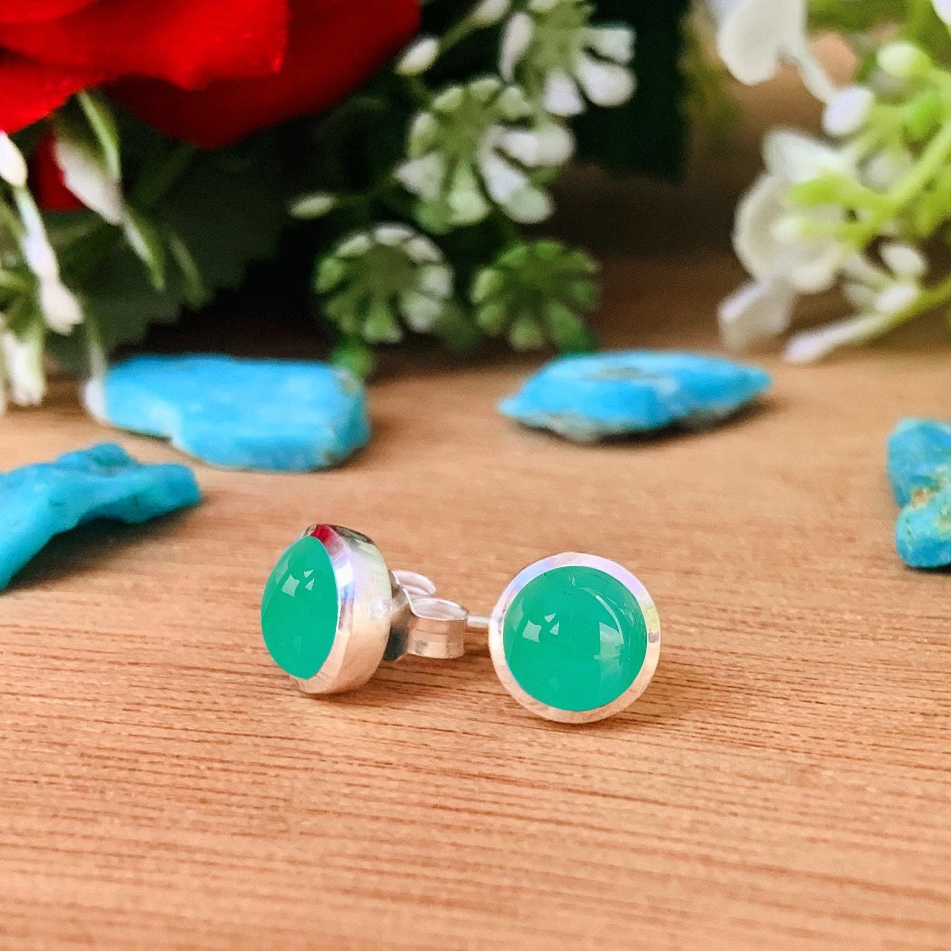 Natural Chrysoprase Studs Earring ~ Dainty Silver & Gold Silver Studs ~ Simple small studs ~ Round Shape Green Stone ~ Gift For Her ~ E - 0032 - BeadsBoatInc