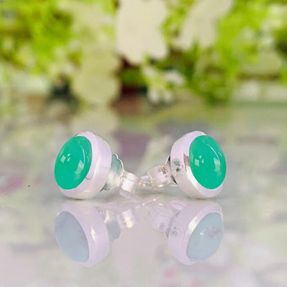 Natural Chrysoprase Studs Earring ~ Dainty Silver & Gold Silver Studs ~ Simple small studs ~ Round Shape Green Stone ~ Gift For Her ~ E - 0032 - BeadsBoatInc