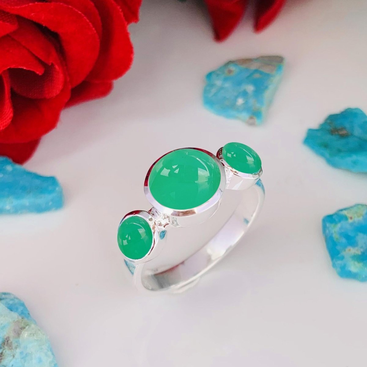 Natural Chrysoprase Trinity Ring | Sterling Silver & Gold Vermeil | Wedding Stacking - BeadsBoatInc