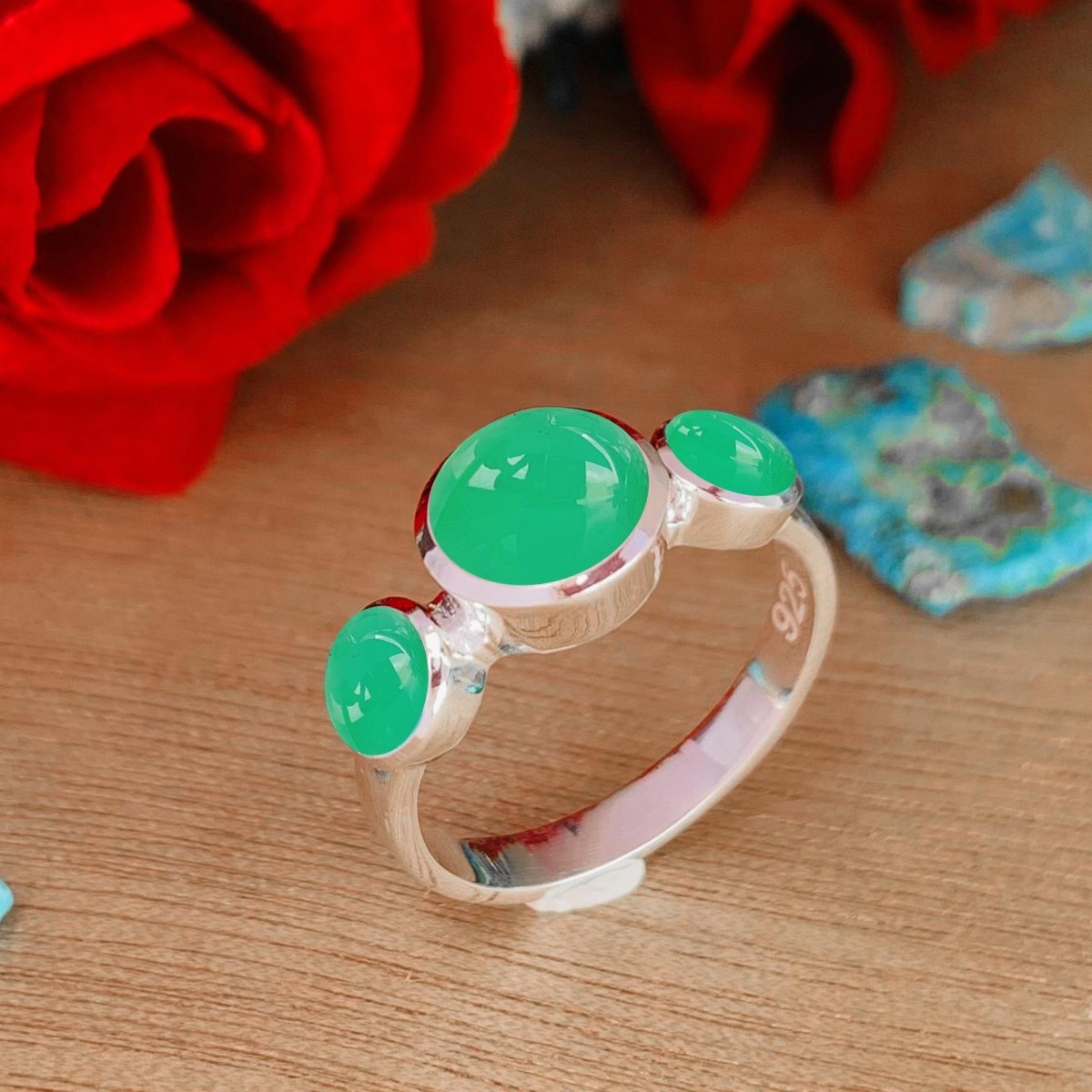 Natural Chrysoprase Trinity Ring | Sterling Silver & Gold Vermeil | Wedding Stacking - BeadsBoatInc