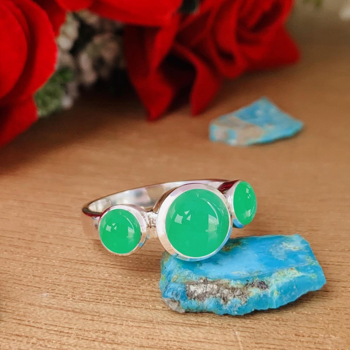 Natural Chrysoprase Trinity Ring | Sterling Silver & Gold Vermeil | Wedding Stacking - BeadsBoatInc