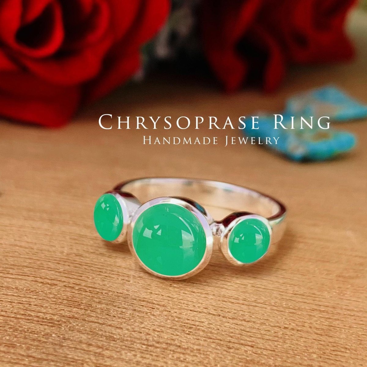 Natural Chrysoprase Trinity Ring | Sterling Silver & Gold Vermeil | Wedding Stacking - BeadsBoatInc