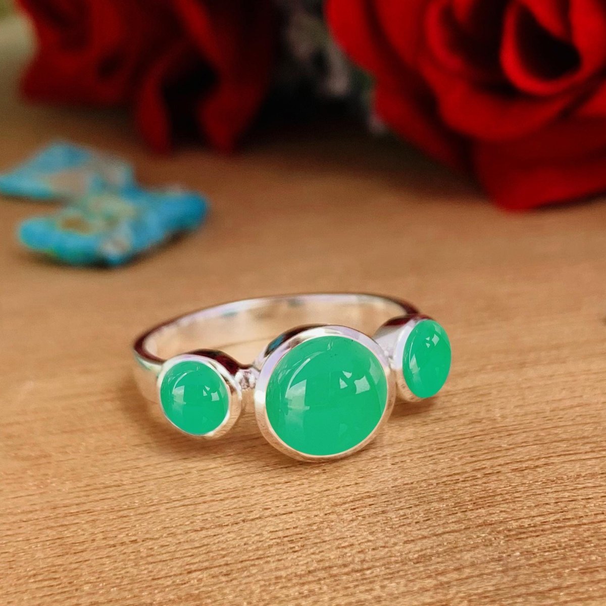 Natural Chrysoprase Trinity Ring | Sterling Silver & Gold Vermeil | Wedding Stacking - BeadsBoatInc