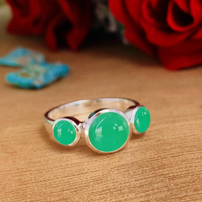 Natural Chrysoprase Trinity Ring | Sterling Silver & Gold Vermeil | Wedding Stacking - BeadsBoatInc