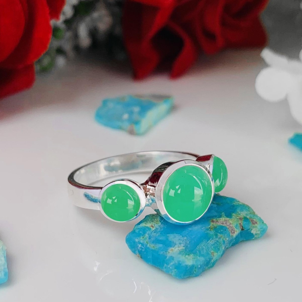 Natural Chrysoprase Trinity Ring | Sterling Silver & Gold Vermeil | Wedding Stacking - BeadsBoatInc