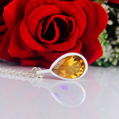 Natural Citrine 925 Silver Dainty Necklace - Pear Shape Minimalist Pendant - BeadsBoatInc