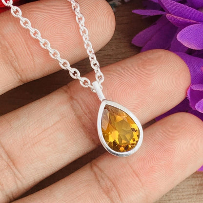 Natural Citrine 925 Silver Dainty Necklace - Pear Shape Minimalist Pendant - BeadsBoatInc