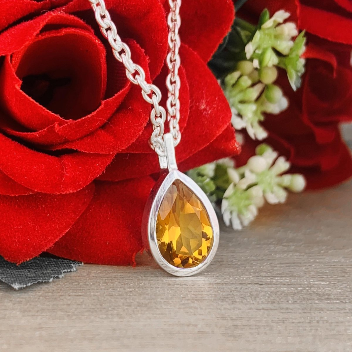 Natural Citrine 925 Silver Dainty Necklace - Pear Shape Minimalist Pendant - BeadsBoatInc