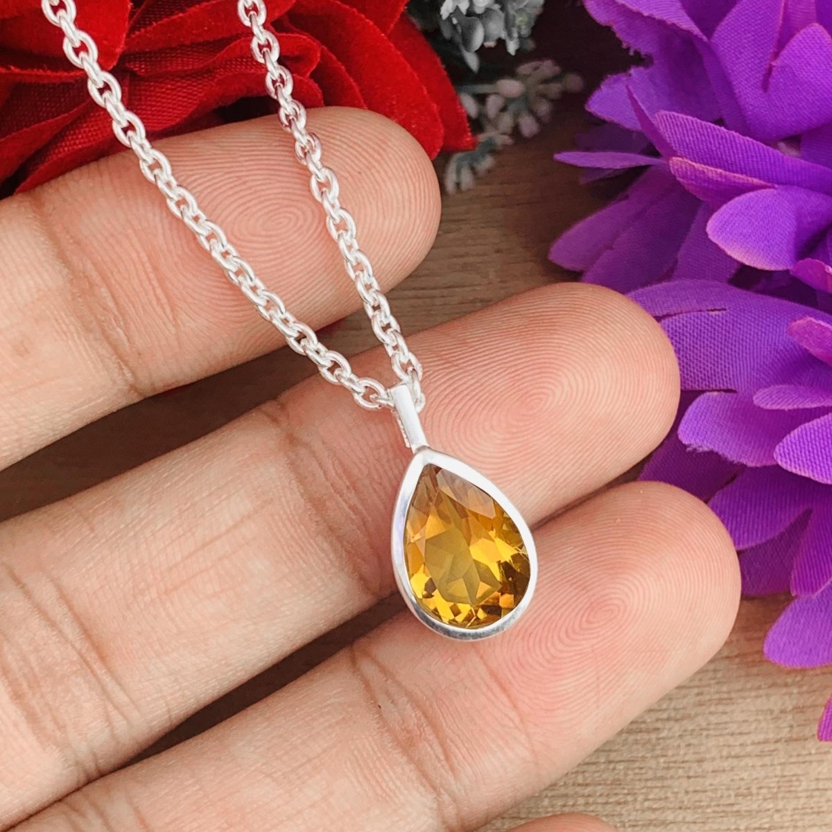 Natural Citrine 925 Silver Dainty Necklace - Pear Shape Minimalist Pendant - BeadsBoatInc