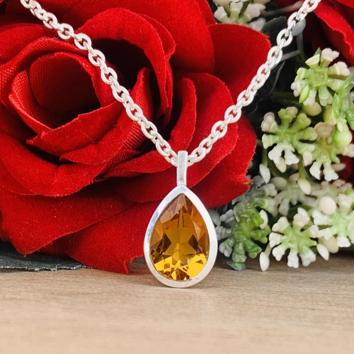 Natural Citrine 925 Silver Dainty Necklace - Pear Shape Minimalist Pendant - BeadsBoatInc
