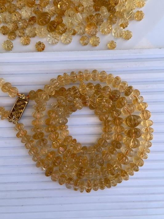 Natural Citrine Carved Melon Rondelle Beads 8 Inch Strand | Center Drill Fancy Briolette Gemstone - BeadsBoatInc