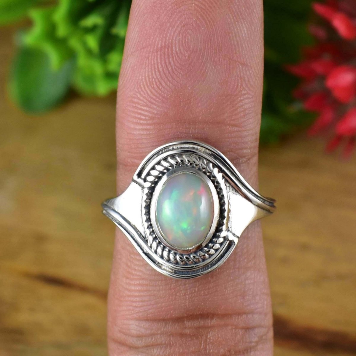 Natural Ethiopian Opal Silver Ring – October Birthstone Boho Promise Ring Gift - BeadsBoatInc