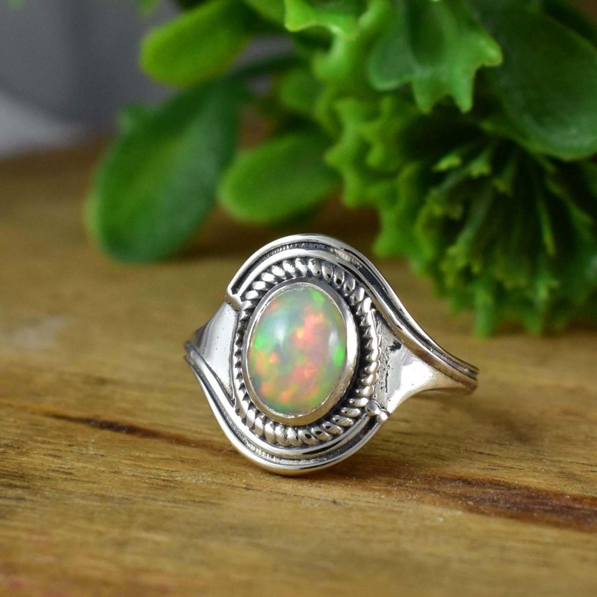 Natural Ethiopian Opal Silver Ring – October Birthstone Boho Promise Ring Gift - BeadsBoatInc