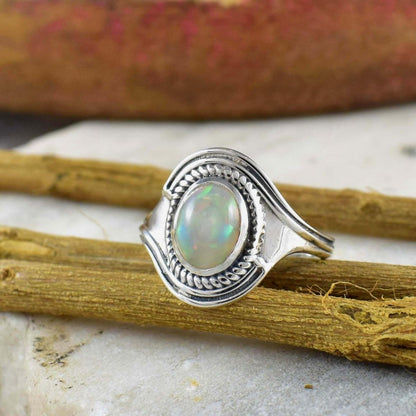 Natural Ethiopian Opal Silver Ring – October Birthstone Boho Promise Ring Gift - BeadsBoatInc
