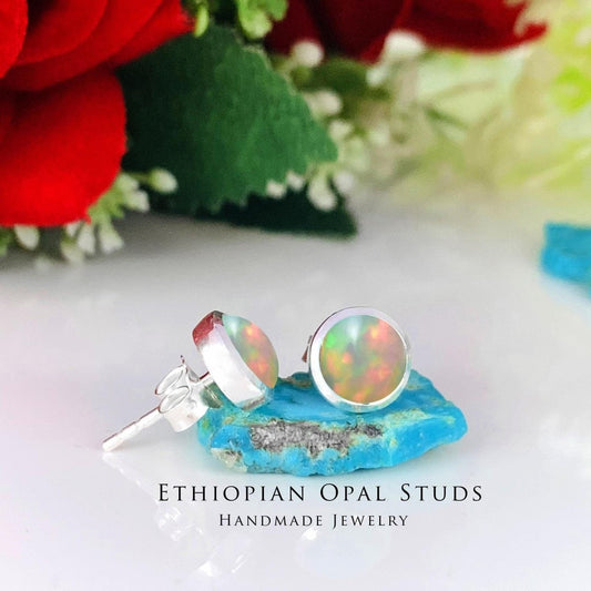 Natural Ethiopian Opal Studs Earring ~ Dainty Silver & Gold Silver Studs ~ Simple small studs ~ Round Shape Stones ~ Gift For Her ~ E - 0032 - BeadsBoatInc