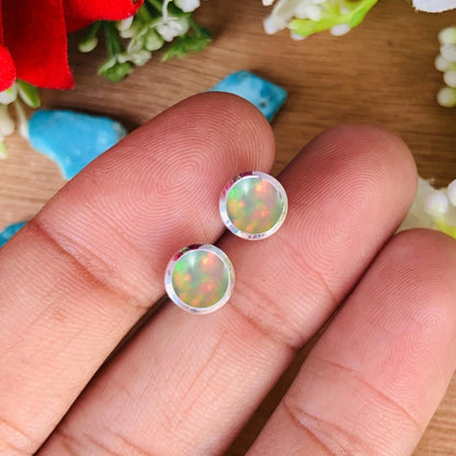Natural Ethiopian Opal Studs Earring ~ Dainty Silver & Gold Silver Studs ~ Simple small studs ~ Round Shape Stones ~ Gift For Her ~ E - 0032 - BeadsBoatInc