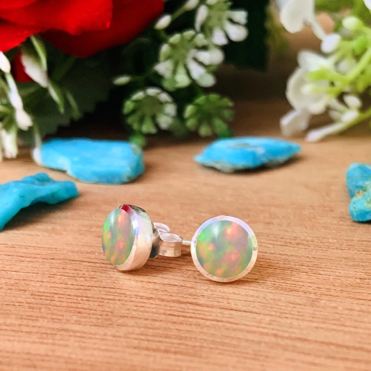 Natural Ethiopian Opal Studs Earring ~ Dainty Silver & Gold Silver Studs ~ Simple small studs ~ Round Shape Stones ~ Gift For Her ~ E - 0032 - BeadsBoatInc