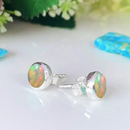 Natural Ethiopian Opal Studs Earring ~ Dainty Silver & Gold Silver Studs ~ Simple small studs ~ Round Shape Stones ~ Gift For Her ~ E - 0032 - BeadsBoatInc