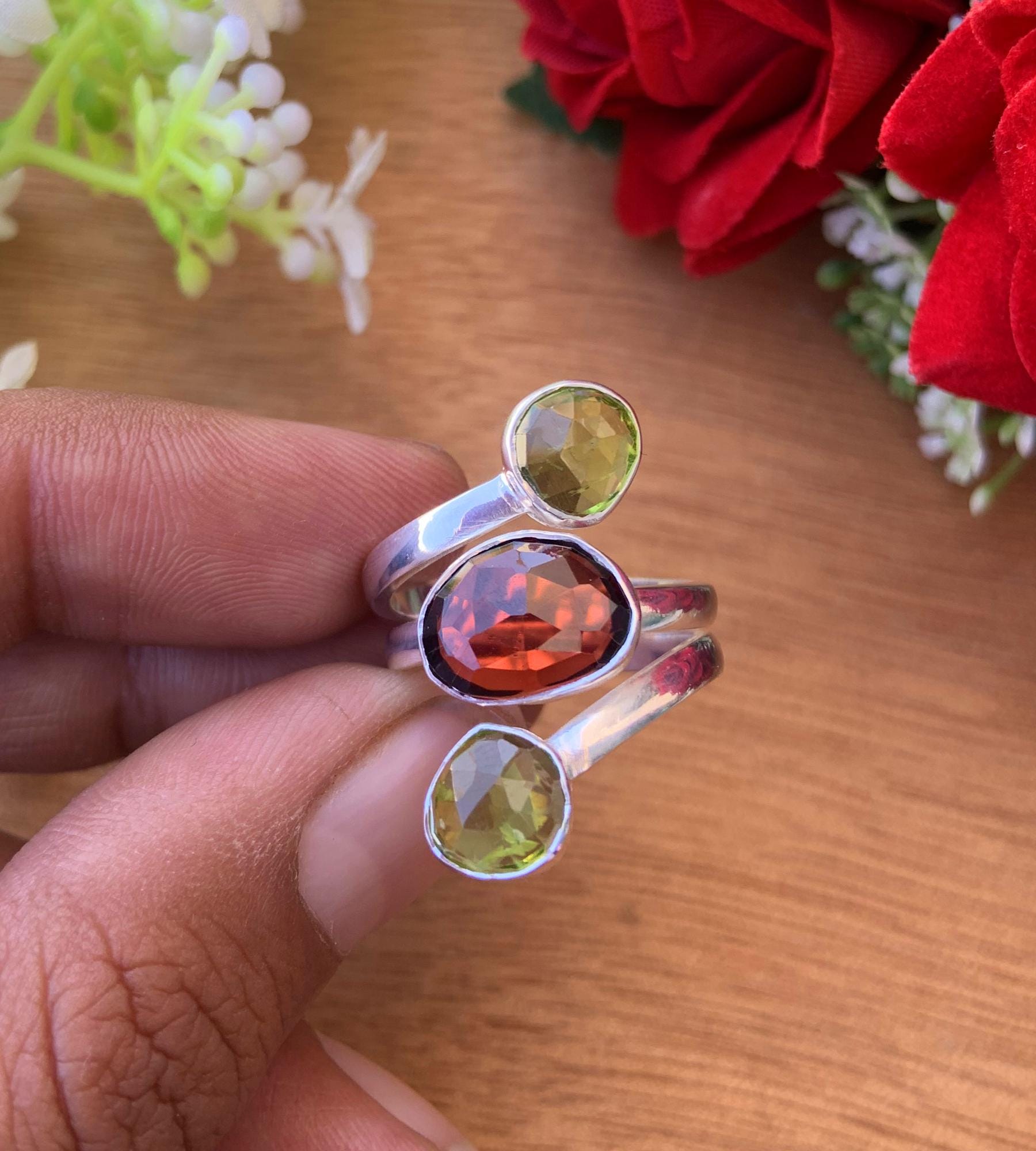 Natural Garnet & Peridot Statement Ring - 925 Silver Three Stone Ring - BeadsBoatInc