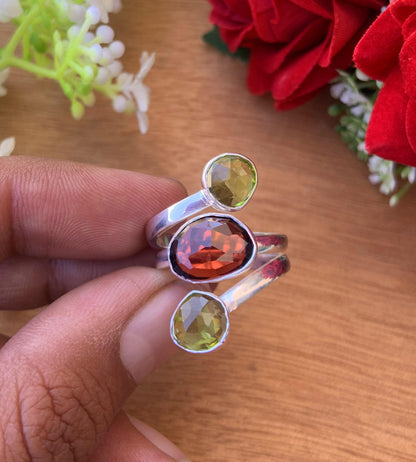 Natural Garnet & Peridot Statement Ring - 925 Silver Three Stone Ring - BeadsBoatInc