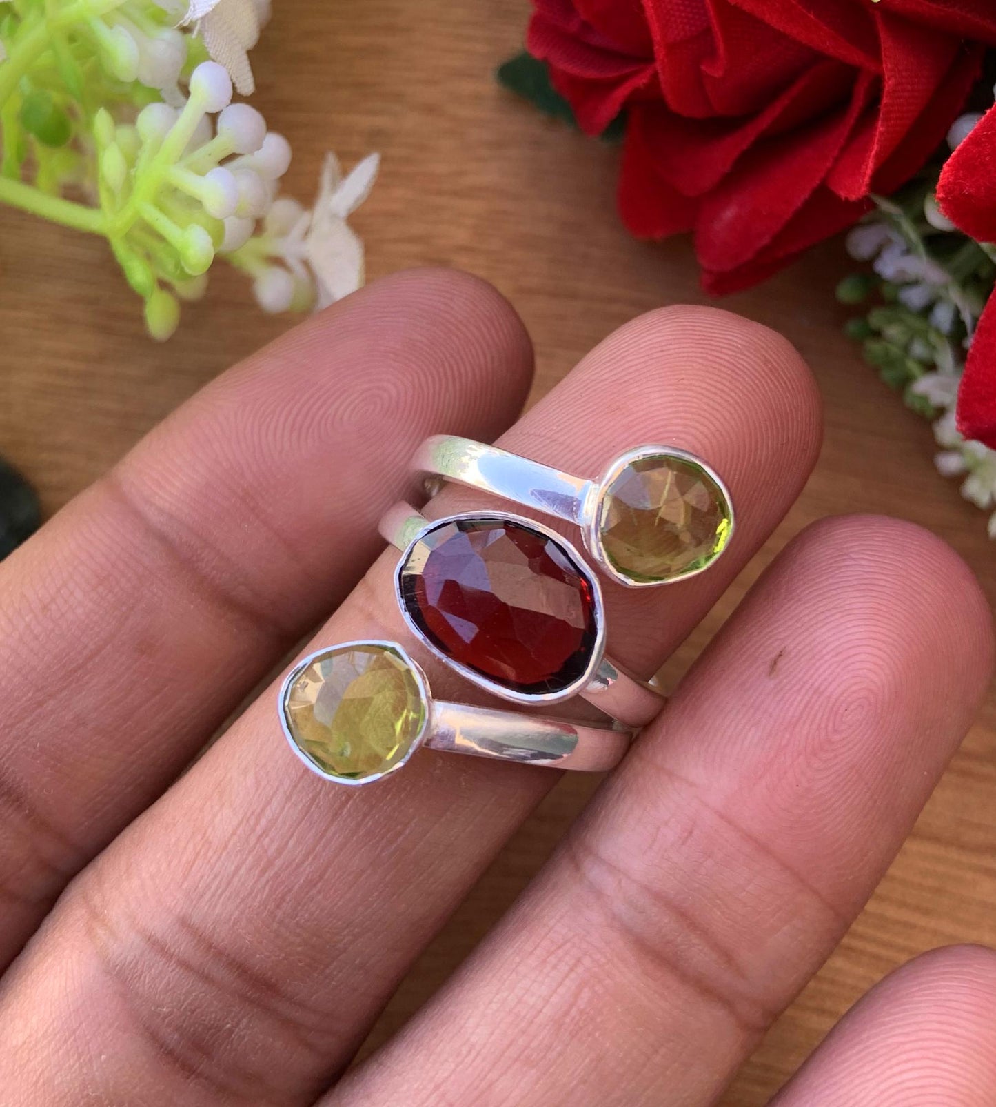 Natural Garnet & Peridot Statement Ring - 925 Silver Three Stone Ring - BeadsBoatInc