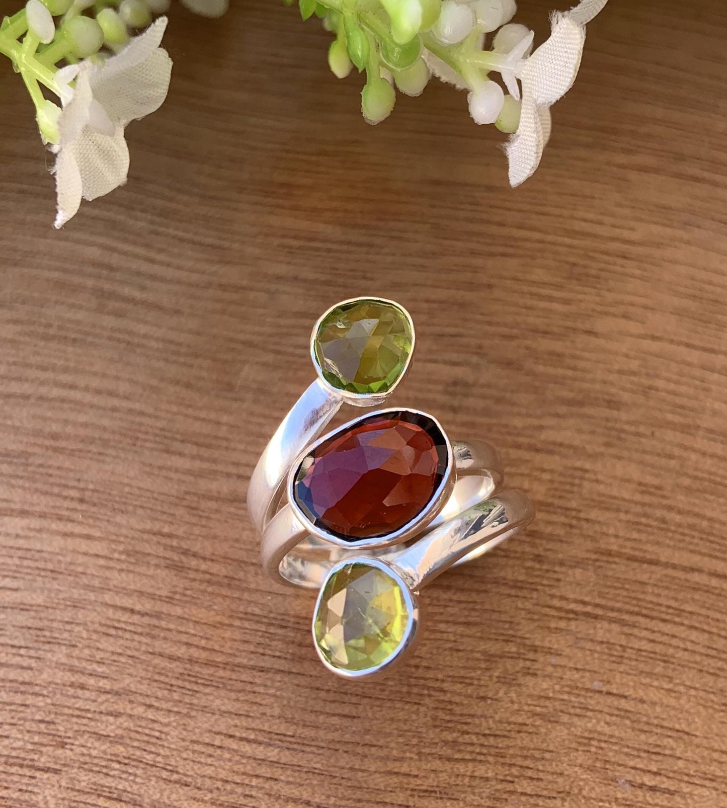 Natural Garnet & Peridot Statement Ring - 925 Silver Three Stone Ring - BeadsBoatInc