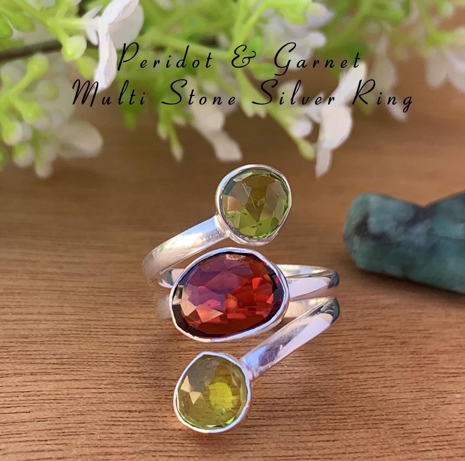Natural Garnet & Peridot Statement Ring - 925 Silver Three Stone Ring - BeadsBoatInc