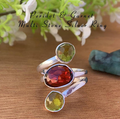 Natural Garnet & Peridot Statement Ring - 925 Silver Three Stone Ring - BeadsBoatInc