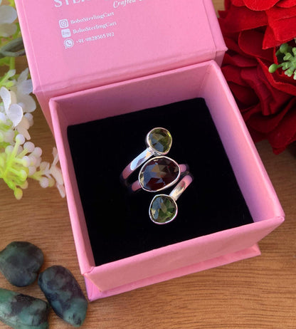 Natural Garnet & Peridot Statement Ring - 925 Silver Three Stone Ring - BeadsBoatInc