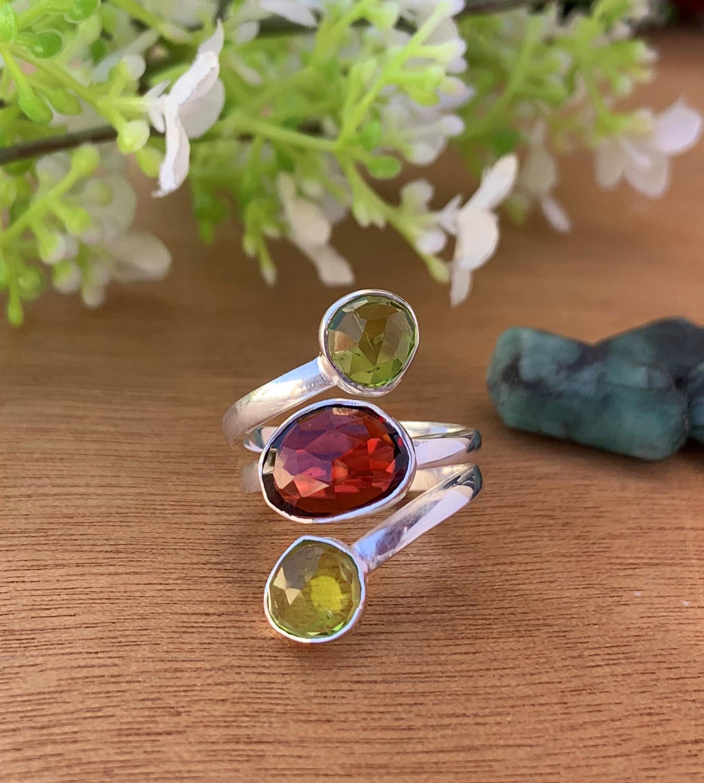 Natural Garnet & Peridot Statement Ring - 925 Silver Three Stone Ring - BeadsBoatInc