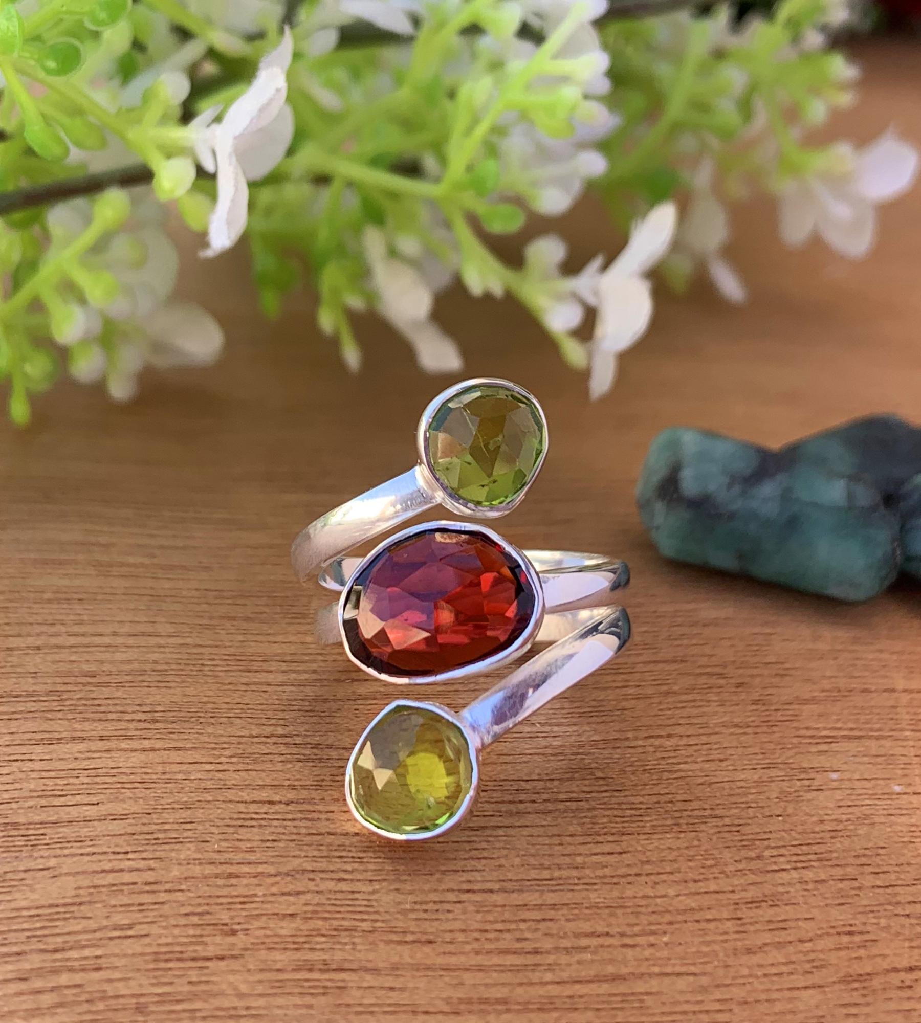 Natural Garnet & Peridot Statement Ring - 925 Silver Three Stone Ring - BeadsBoatInc