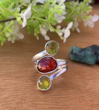Natural Garnet & Peridot Statement Ring - 925 Silver Three Stone Ring - BeadsBoatInc