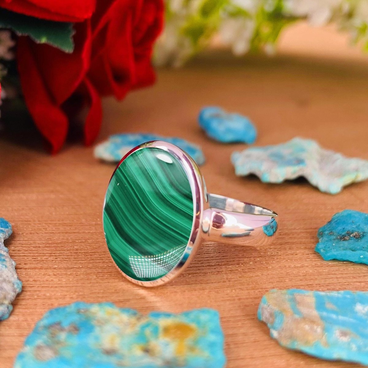 Natural Green Malachite Statement Ring - Gold Plated Sterling Silver - BeadsBoatInc