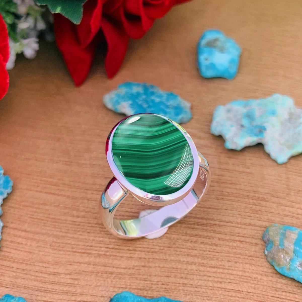 Natural Green Malachite Statement Ring - Gold Plated Sterling Silver - BeadsBoatInc