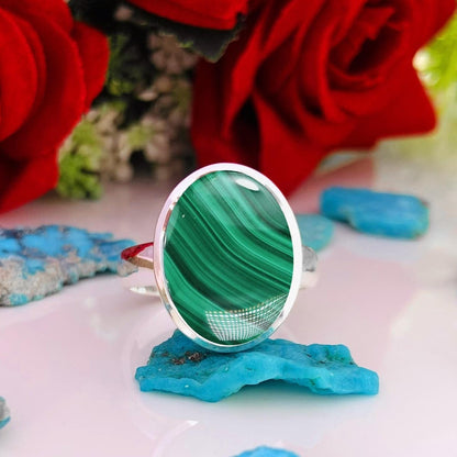 Natural Green Malachite Statement Ring - Gold Plated Sterling Silver - BeadsBoatInc