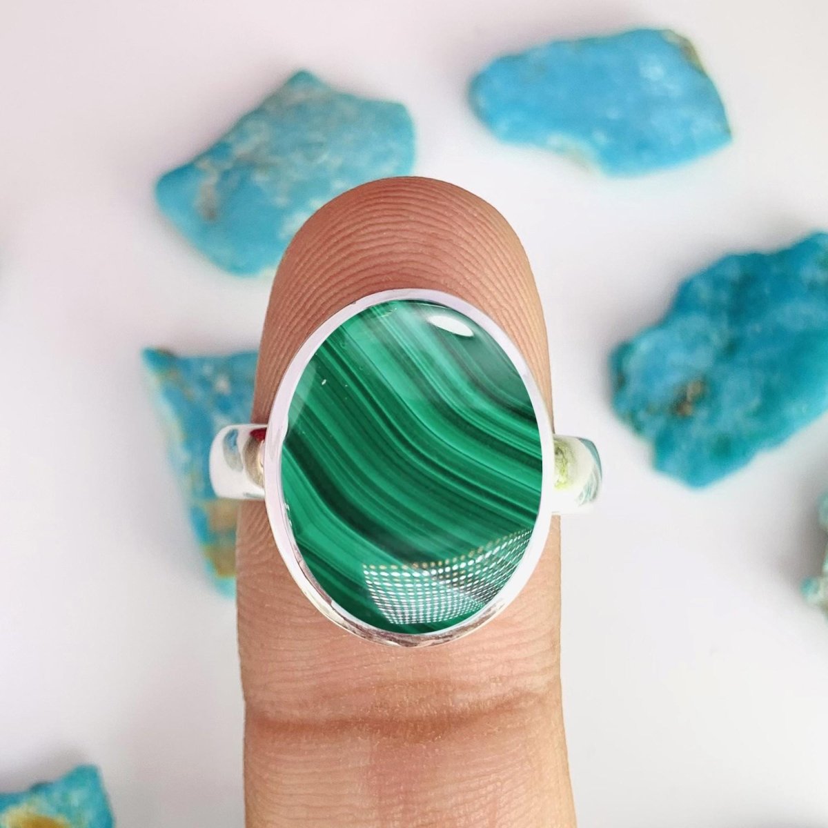 Natural Green Malachite Statement Ring - Gold Plated Sterling Silver - BeadsBoatInc