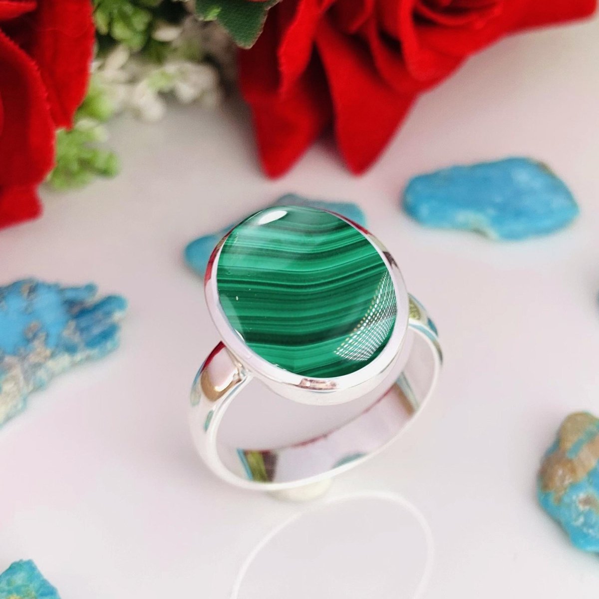 Natural Green Malachite Statement Ring - Gold Plated Sterling Silver - BeadsBoatInc