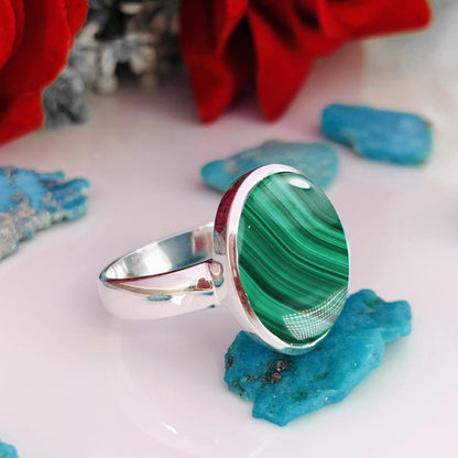 Natural Green Malachite Statement Ring - Gold Plated Sterling Silver - BeadsBoatInc
