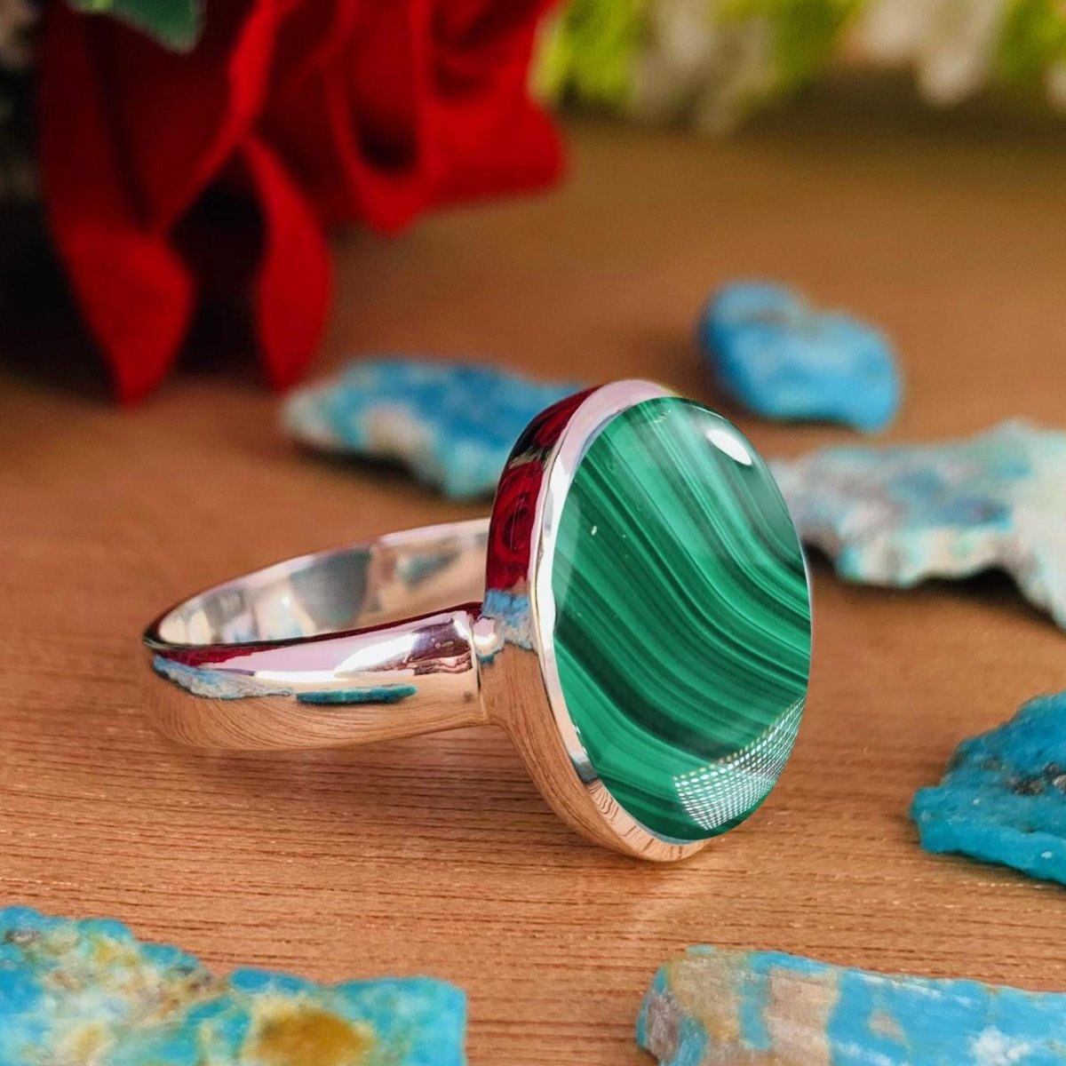 Natural Green Malachite Statement Ring - Gold Plated Sterling Silver - BeadsBoatInc