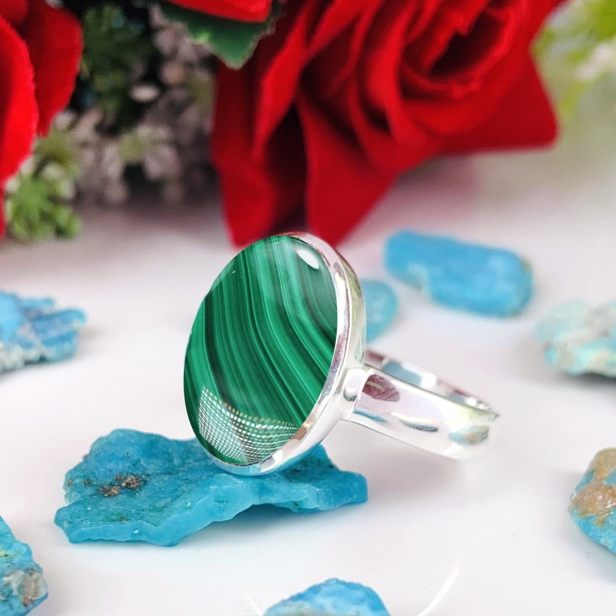 Natural Green Malachite Statement Ring - Gold Plated Sterling Silver - BeadsBoatInc