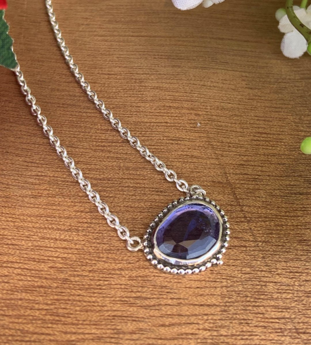 Natural Iolite Necklace – Sterling Silver & Gold Rosecut Pendant - BeadsBoatInc