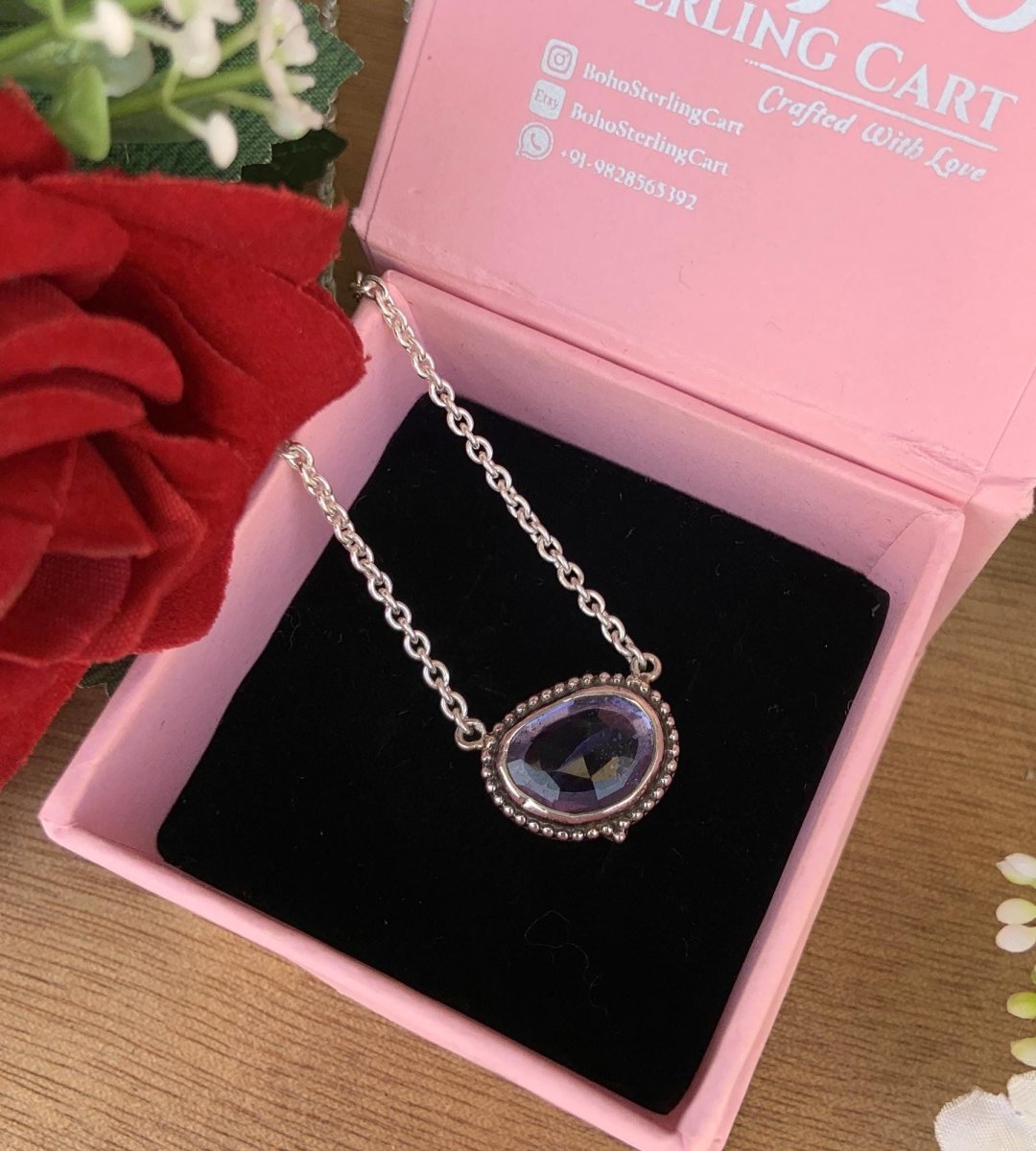 Natural Iolite Necklace – Sterling Silver & Gold Rosecut Pendant - BeadsBoatInc
